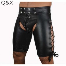 Hot Black Mens Latex PVC Bondage  Faux Leather Lace Up Pants